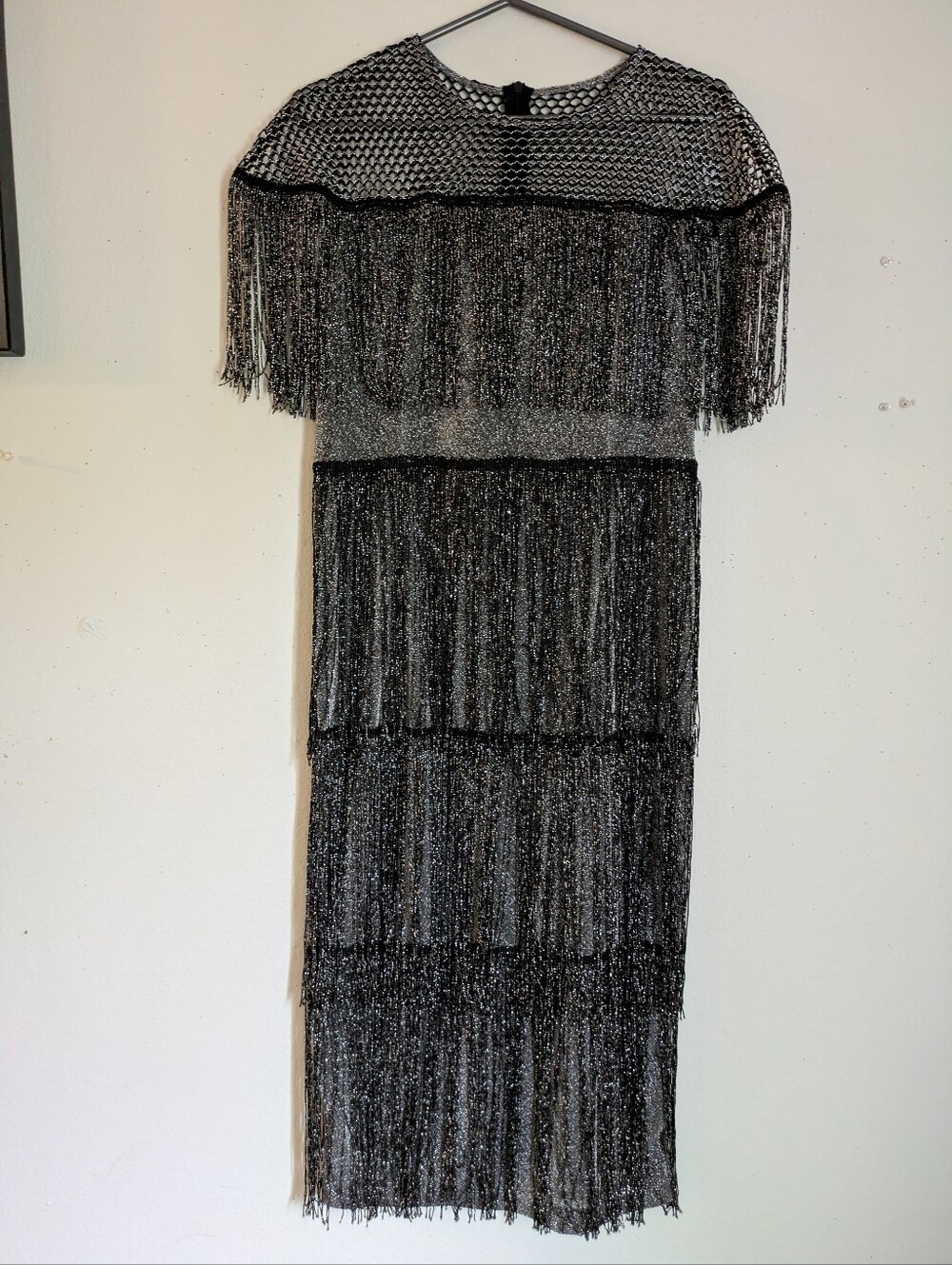 SHEIN Black Silver Metallic Fringe Mesh Midi Dress Size Large Party Cocktail